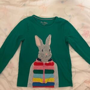 Mini Boden Teal Long-Sleeve Top with Colorful Bunny Appliqué